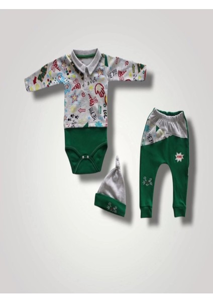 6-9 12-18 18-24 Ay Power Kedi Nakışlı Uzun Kollu Zıbınlı Şapkalı 3lü Kız Erkek Bebek Takımı Yeşil