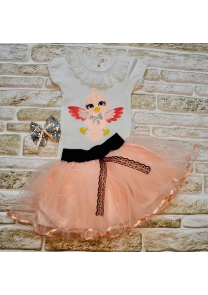 9-12-18 Ay Toka Hediyeli Kuş Desenli Tişört Tütü Etek 2li Kız Bebek Takımı Pudra