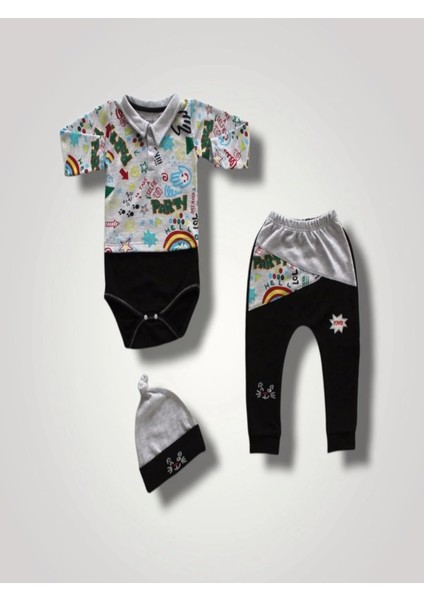 6-9 12-18 18-24 Ay Power Kedi Nakışlı Uzun Kollu Zıbınlı Şapkalı 3lü Kız Erkek Bebek Takımı Siyah