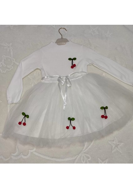 5-6-7 Yaş Kiraz Desenli Kurdela Kuşaklı Astarlı Uzun Kollu Kız Çocuk Tütü Elbise Beyaz fiyatları