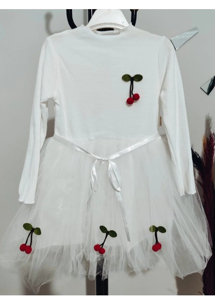 5-6-7 Yaş Kiraz Desenli Kurdela Kuşaklı Astarlı Uzun Kollu Kız Çocuk Tütü Elbise Beyaz modelleri