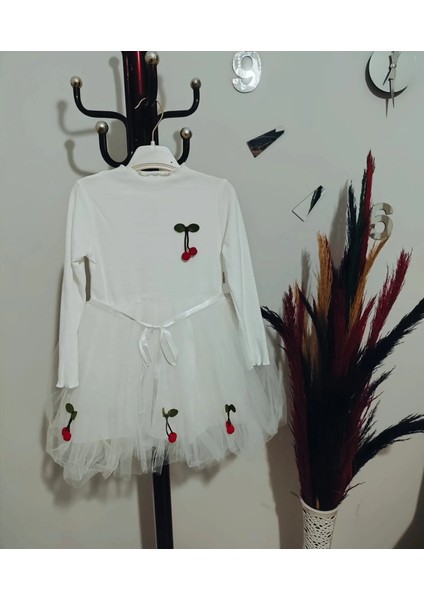 5-6-7 Yaş Kiraz Desenli Kurdela Kuşaklı Astarlı Uzun Kollu Kız Çocuk Tütü Elbise Beyaz fırsatları