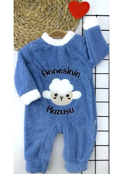 3-6-9-12 Ay Kuzu Tüylü Kumaş Annesinin Kuzusu Nakışlı Alttan Çıtçıtlı Kız Erkek Bebek Tulumu Mavi