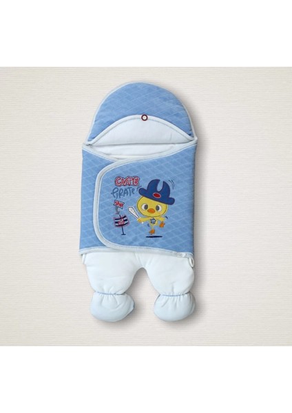 Yenidoğan Cesur Şovalye Civciv Nakışlı Şapkalı Erkek Ayaklı Kundak Bebek Battaniyesi Mavi