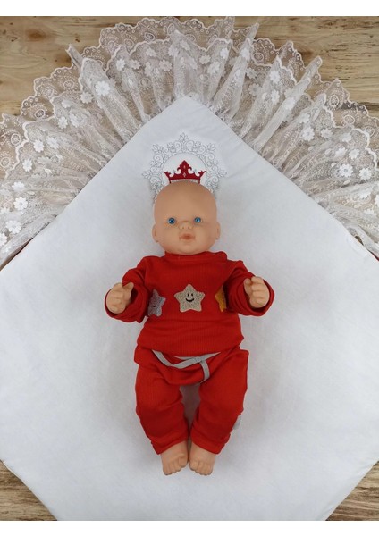 Yenidoğan Saray Kadife Taç Nakışlı Inci Fiyonklu Çift Dantel Duvak Trilüks Kundak Bebek Battaniyesi Bordo modelleri