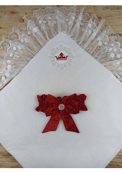 Yenidoğan Saray Kadife Taç Nakışlı Inci Fiyonklu Çift Dantel Duvak Trilüks Kundak Bebek Battaniyesi Bordo fırsatları