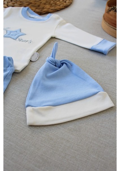 3-6 6-9 9-12 Ay Full Star Nakışlı Şapkalı Uzun Kollu Sweat 3lü Erkek Bebek Takımı Mavi fırsatları