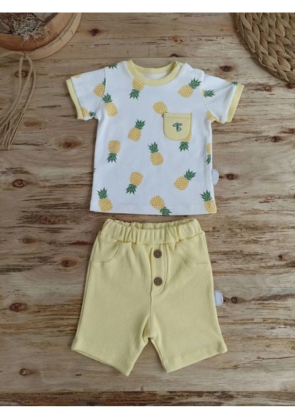 3-6 6-9 9-12 Ay Ananas Baskılı Şort Tişört 2 Li Kız Erkek Bebek Takımı Sarı