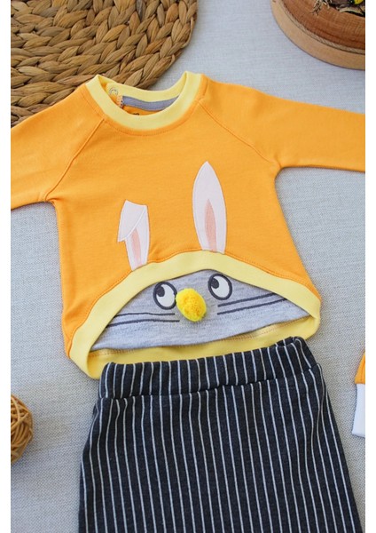 3-6 6-9 9-12 Ay Şımarık Tavşan Nakışlı Şapkalı Uzun Kollu Sweat 3lü Kız-Erkek Bebek Takımı Turuncu fiyatları
