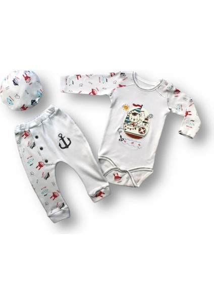 3-6 6-9 9-12 Ay Minik Korsan Nakışlı Şapkalı Uzun Kollu Zıbınlı 3lü Kız-Erkek Bebek Takımı Ekru