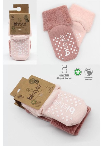 Çemberli Kaymaz Havlu Soket Çorap 2'li BS10503 Pudra Pembe