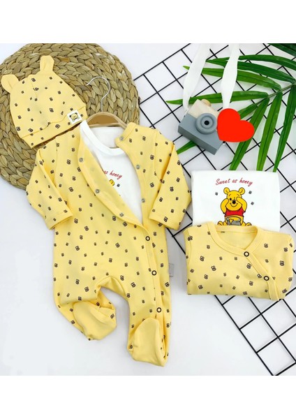 3-6-9-12 Ay Pooh Desenli Şapkalı Sweatli 3lü Kız Erkek Bebek Tulum Sarı