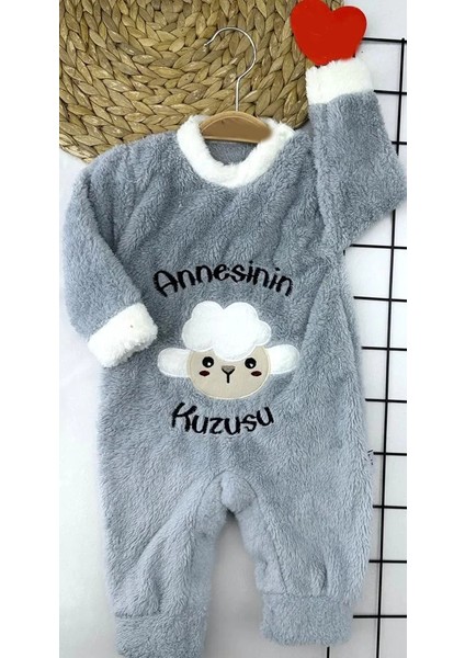 3-6-9-12 Ay Kuzu Tüylü Kumaş Annesinin Kuzusu Nakışlı Alttan Çıtçıtlı Kız Erkek Bebek Tulumu Gri