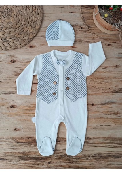 0-3 3-6 6-9 Ay Şapkalı Yelek Detaylı Boydan Çıtçıt Erkek Bebek Tulumu Ekru modelleri