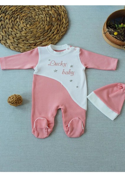 0-3 3-6 Ay Lucky Turk Nakışlı Es Çizgi Boy Şapkalı Kız Bebek Tulumu Pudra