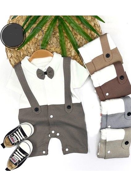 3-6-9-12 Ay Papyon Detaylı Çizgili Salopet Görünümlü Erkek Bebek Tulumu