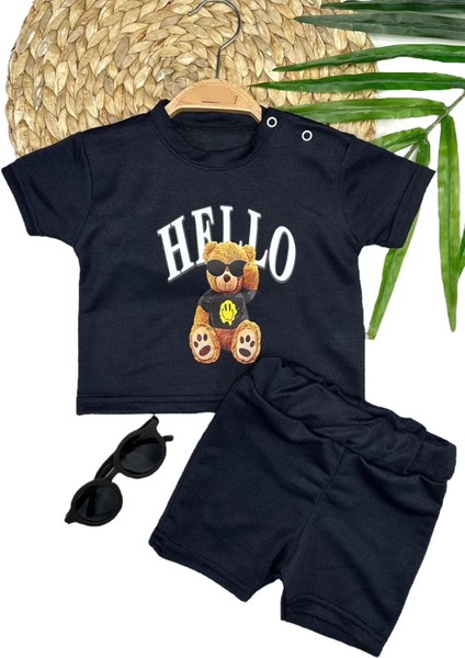 9-12-18-24 Ay Hello Gözlüklü Ayıcık Baskılı Şortlu Kısa Kollu Tişört 2li Erkek Bebek Takımı