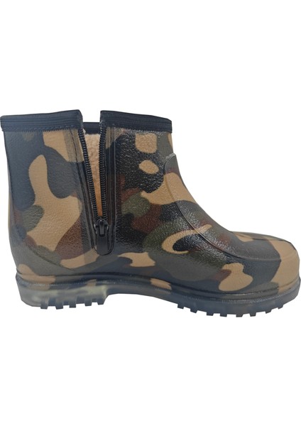 Kamuflaj Desenli Fermuarlı Su Geçirmez Kısa Yağmur ve Bahçe Botu – Yünlü Astar, Kaymaz Taban