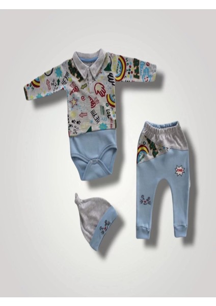 6-9 12-18 18-24 Ay Power Kedi Nakışlı Uzun Kollu Zıbınlı Şapkalı 3lü Kız Erkek Bebek Takımı Mavi