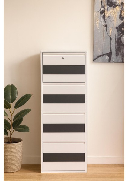 4 Lü Ahşap Desenli Metal Ayakkabılık Karlı Home