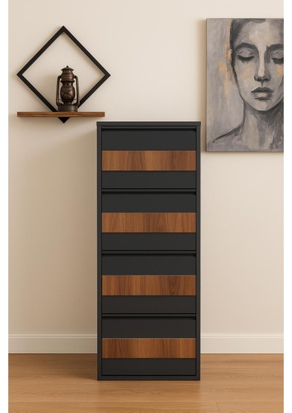 4 Lü Ahşap Desenli Metal Ayakkabılık Karlı Home