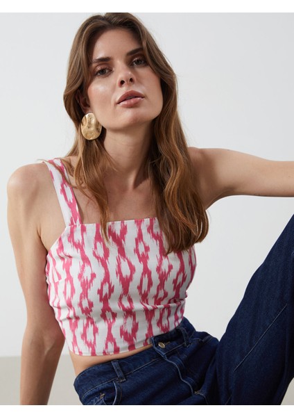 Yeni Sezon Kare Yaka Desenli Askılı Crop