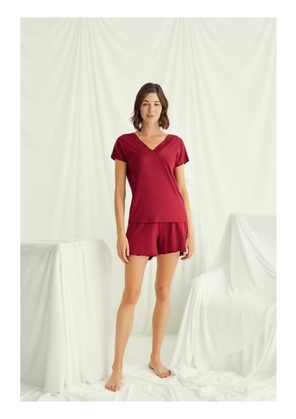 Monamise Kısa Kollu Dantelli V Yaka Şort Takımı