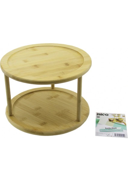2 Katlı Yuvarlak=24.5cm Döner Tablalı Ahşap Bambu Sunum Tepsisi - Mini Sofra (4887)