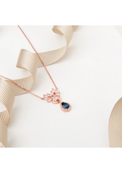 925 Ayar Rose Kaplama Damla Safir Taşlı Gümüş Kolye