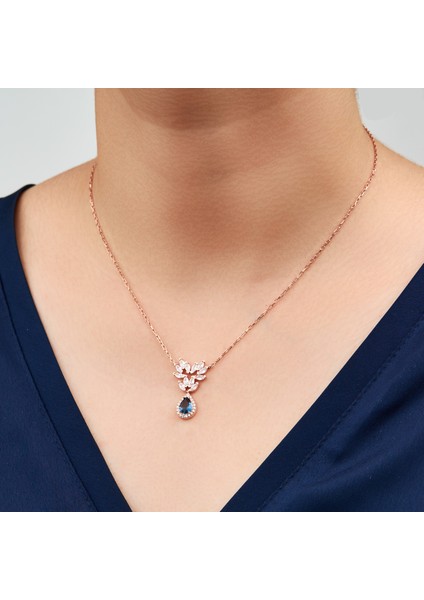 925 Ayar Rose Kaplama Damla Safir Taşlı Gümüş Kolye fiyatları