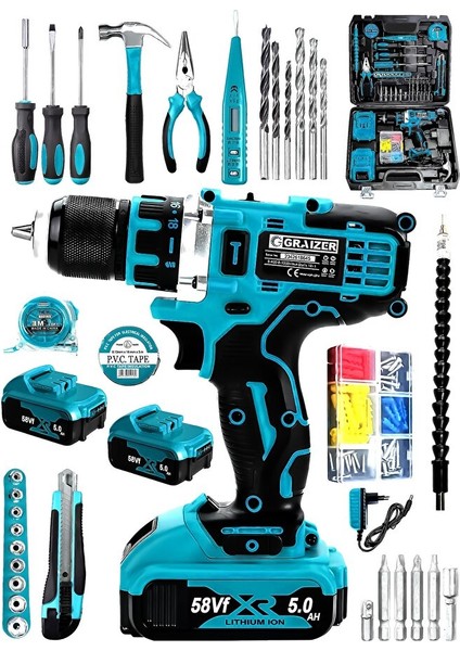 Alman Technology 58 V 5 Ah Darbeli Çift Akülü Şarjlı Vidalama Matkap 32 Parça Hobi Set
