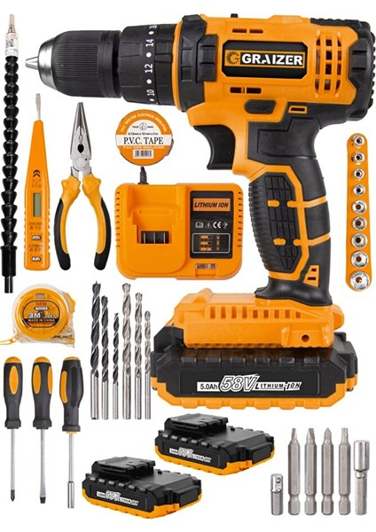 Alman Technology 58 V 5 Ah Darbeli Çift Akülü Şarjlı Vidalama Matkap 32 Parça Hobi Set