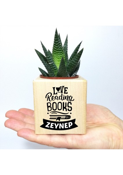 Kişiye Özel Love Reading Temalı Küp Saksı ve Haworthia Sukulent - MK06