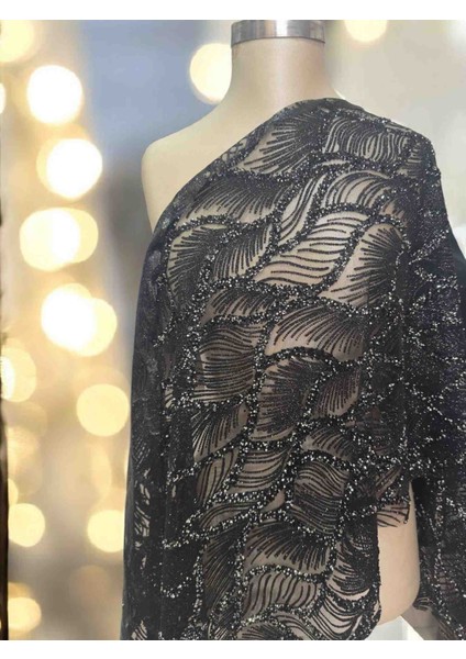Işıltılı Taşlı Simli Siyah Yaprak/dalga Desenli Özel Dikim Elbise Kumaşı