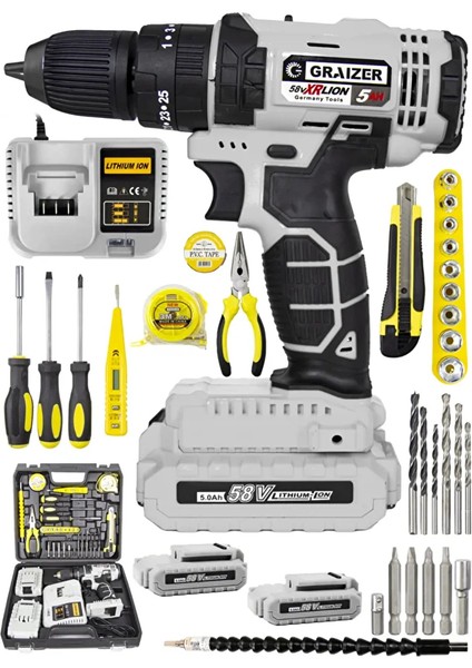 Alman Technology 58 V 5 Ah Darbeli Çift Akülü Şarjlı Vidalama Matkap 32 Parça Hobi Set