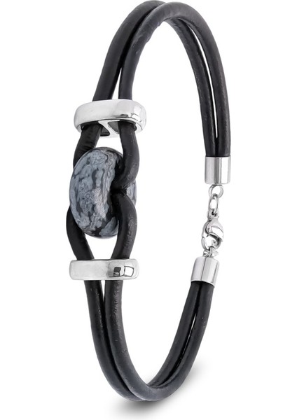 Jasper Doğal Taşlı Deri ve Çelik Bileklik (20 Cm+5 cm Uzatma Zinciri)