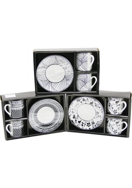 Siyah - Beyaz 4pcs=2-Takım Porselen Kahve Fincanı Çiçek - Çizgi - Nokta Mix Desen (4887)