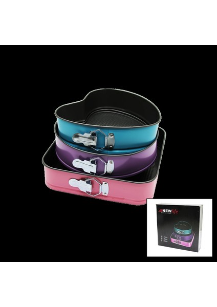 3 Parça Set Metal Kek Kalıp Kelepçeli Kalp - Kare - Yuvarlak (4887)