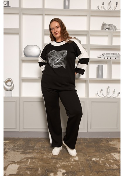 Şerit Detaylı Büyük Beden Eşofman Takımı Siyah