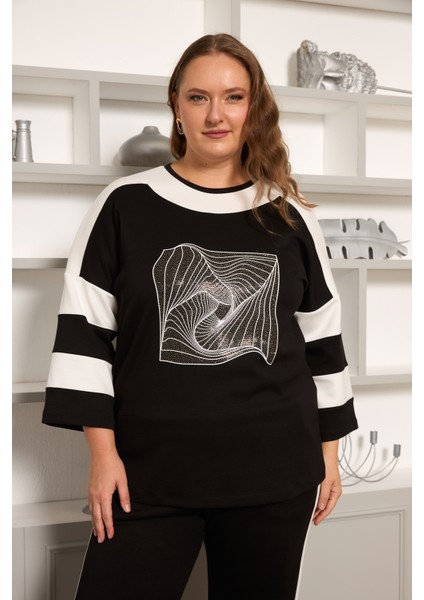 Şerit Detaylı Büyük Beden Eşofman Takımı Siyah