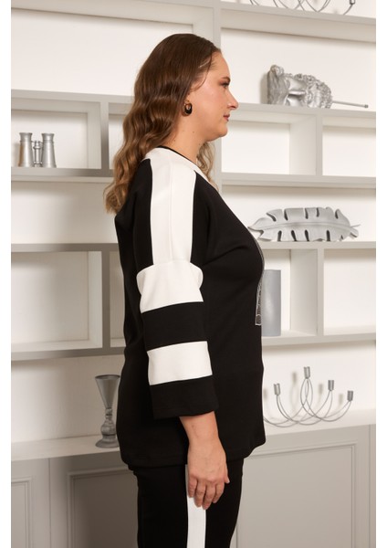 Şerit Detaylı Büyük Beden Eşofman Takımı Siyah