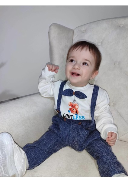9-12-18 Ay Papyonlu Sweat Kot Pantolon 2li Erkek Bebek Salopet Takımı Lacivert modelleri