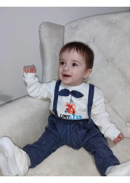 9-12-18 Ay Papyonlu Sweat Kot Pantolon 2li Erkek Bebek Salopet Takımı Lacivert