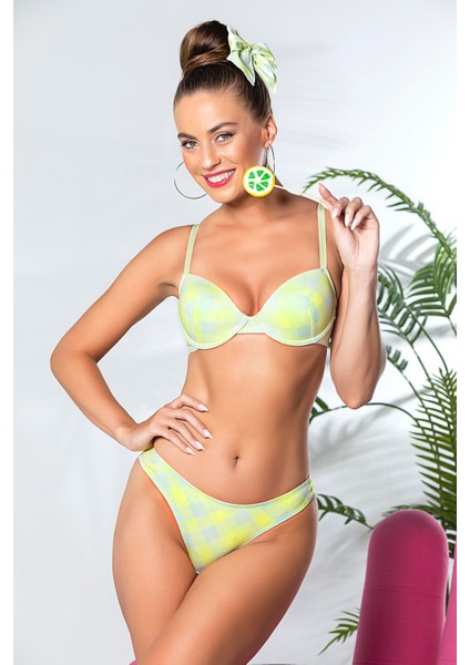 Ekose Desenli, Hafif Destekli, Sütyen ve Slip Külot Takım Sarı (TRK32081)