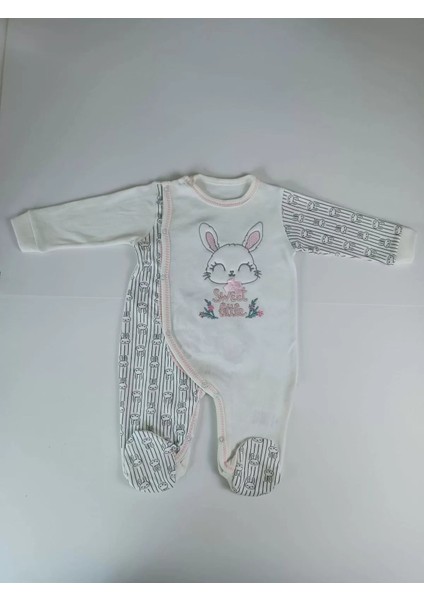 0-3 3-6 Ay Minik Tavşan Nakışlı Boydan Çıtçıt Kapamalı Kız Erkek Bebek Tulumu Ekru