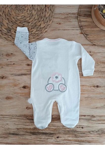 0-3 3-6 Ay Minik Tavşan Nakışlı Boydan Çıtçıt Kapamalı Kız Erkek Bebek Tulumu Ekru