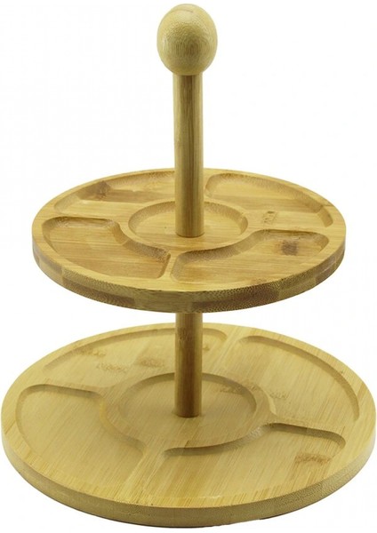 5 Bölmeli - Yuvarlak - 2 Katlı Ahşap Bambu Sunumluk Çap: 19.5cm -- 24.5cm (4887)