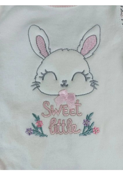 0-3 3-6 Ay Minik Tavşan Nakışlı Boydan Çıtçıt Kapamalı Kız Erkek Bebek Tulumu Ekru