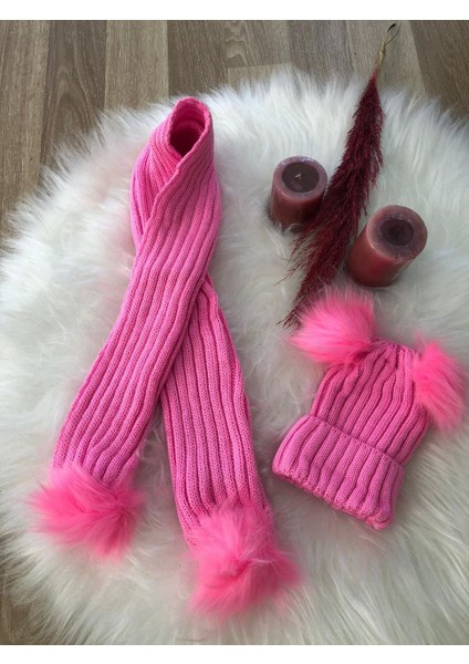 Kız Bebek Pembe Çift Ponponlu Atkı Bere Takımı fiyatları