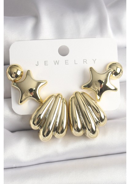 Gold Renk Yıldız Deniz Kabuğu Model Ccb Plastik Kadın Küpe Seti